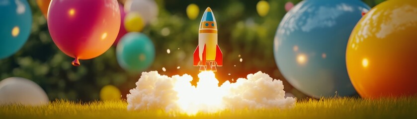 Fototapeta premium Whimsical rocket shooting upwards, representing ambition and adventure.