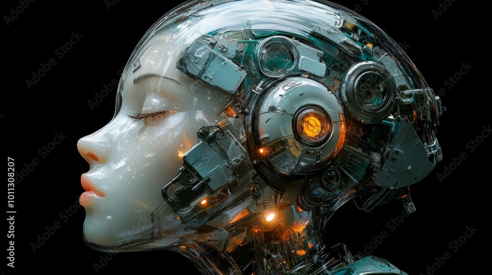 Poster this is a futuristic robotic head with intricate details and glowing components. it displays a blend