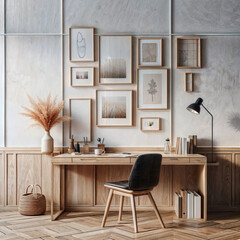 Elegant minimalist workspace with natural wood console and black chair, perfect for a calm and focused work environment. Mock up paitnings.