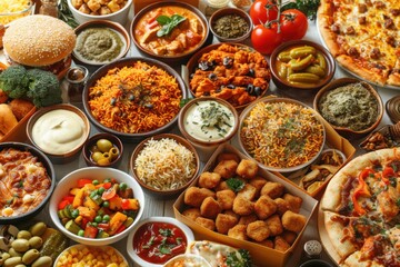 A feast of diverse dishes, including pizza, rice, and salads, beautifully arranged for a food lover's delight.

