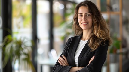 Fototapeta premium Confident businesswoman with arms crossed, smiling at the camera in a modern office setting.