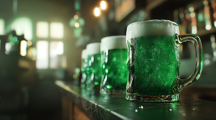Refreshing green beer mugs on counter create festive atmosphere