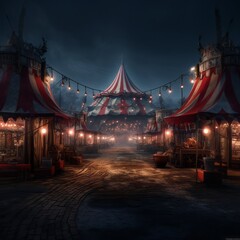 Obraz premium A vibrant carnival taking place at night, featuring a dazzling ferris wheel and a variety of colorful tents all around the area