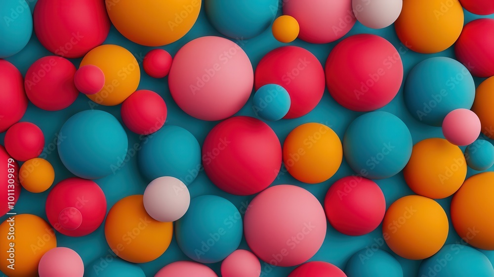 Poster vibrant interconnected spheres, a dynamic flat design illustration featuring a network of colorful 3