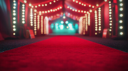 vibrant red carpet leads to festive stage, illuminated by colorful lights