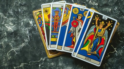 Obraz premium Tarot cards spread out on a table, showing various suits and symbols.