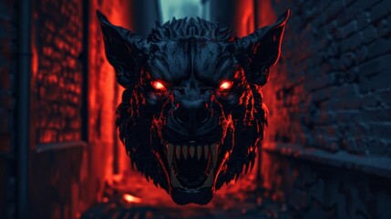 A terrifying werewolf head with glowing red eyes and sharp teeth in a dark alley.