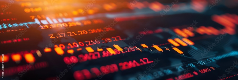Poster close-up of a stock market ticker with red and orange numbers and graphs.