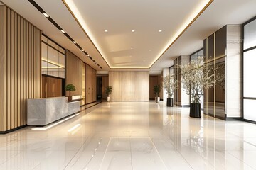 Obraz premium Modern lobby with reception desk, wooden panels and large windows.
