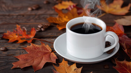 Autumn Serenity, a steaming cup of coffee nestled among vibrant fall leaves, evokes cozy vibes of the season, inviting warmth and comfort amidst nature's colorful backdrop