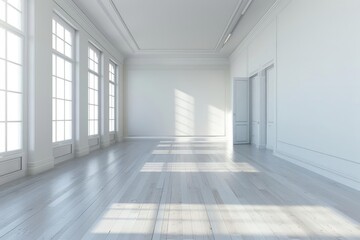 Empty white room with large windows and sunbeams