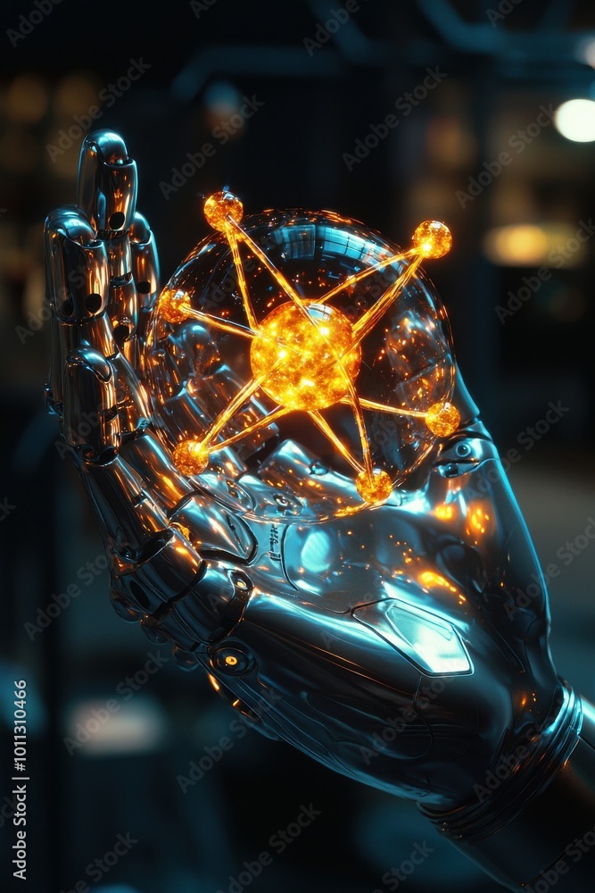 Poster futuristic artificial intelligence robot hand holding a glowing network sphere, symbolizing advanced