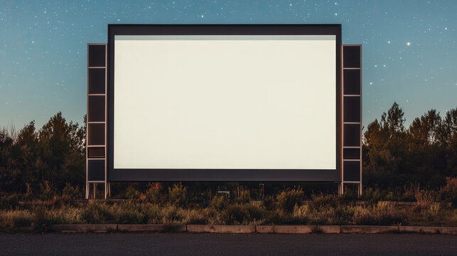 Nostalgic Drive-In Cinema Experience, a blank screen waits under a starry sky, inviting viewers to enjoy classic films in a charming outdoor setting with ample room for memories