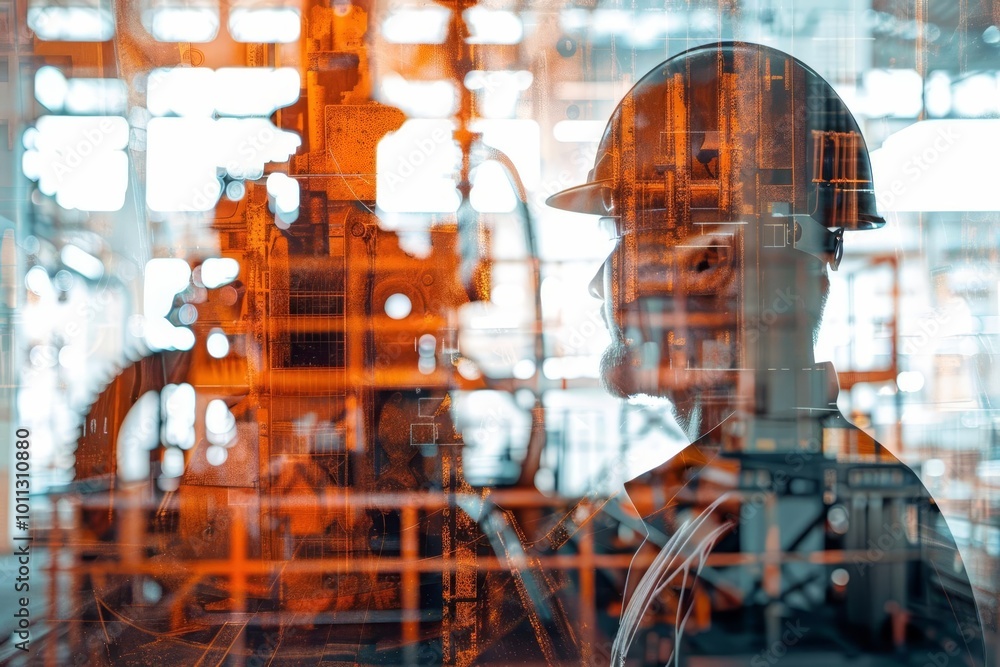 Poster double exposure of an engineer and factory machinery in rust tones with copy space
