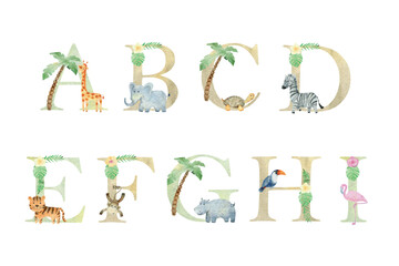 Watercolor animals letters.