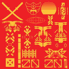 cyberpunk y2k 2000s gaming futuristic icon pattern  set collection template hud for branding fashion t-shirt decoration decals, 2d illustration rendering vector 