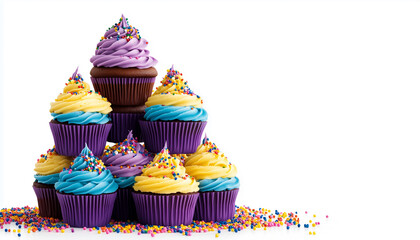 copy space. A stack of freshly baked cupcakes with colorful frosting and sprinkles, arranged in a creative pattern, showcasing the artistry of birthday desserts