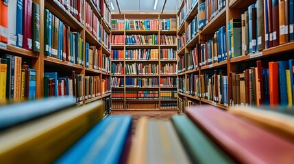 Spacious library interior with bookshelves and a large collection of books.