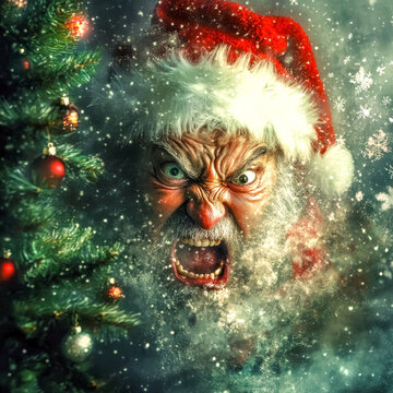 Bad santa shouting with an evil expression near christmas tree