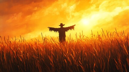 silhouette of a scarecrow in the sunset