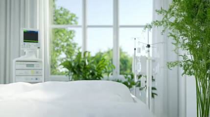 Fototapeta premium Cozy hospital bed with modern medical equipment and a serene environment promoting healing and recovery