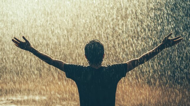A person with outstretched arms under a rainfall, enjoying the moment of release and cleansing.