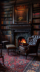 Classic Vintage Reading Room with Fireplace and Antique Books  