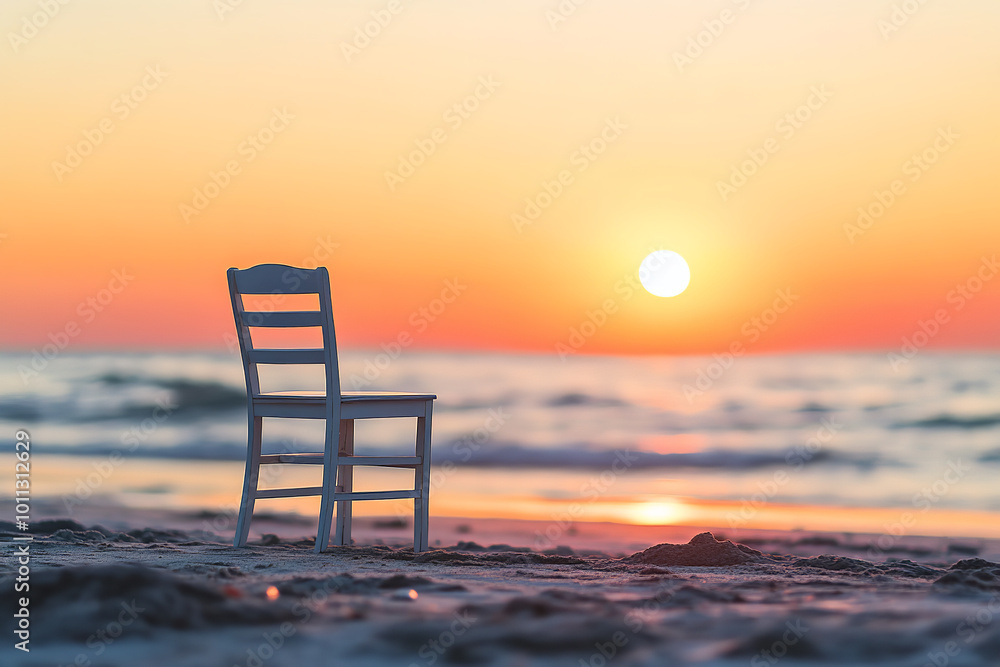 Poster Serene Beach Reading Setup with Sunset View and Minimalist Style  