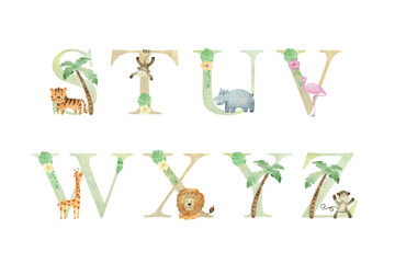 Watercolor animals letters.