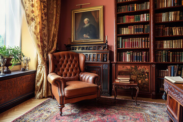 Elegant Study Room with Vintage Books and Classic Leather Armchair  