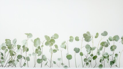 Obraz premium A serene arrangement of light green leaves set against a white surface, evoking a sense of tranquility.