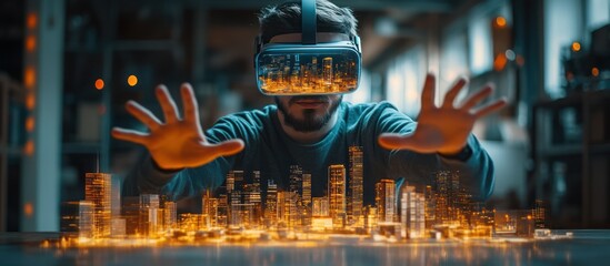 Man wearing a VR headset interacts with a miniature city model in an immersive virtual reality experience.
