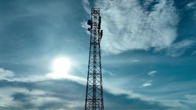 Aerial Shot of a Rural Telecommunication Tower: 4G and 5G Signal Transmission for Smartphones. To emphasize the importance of rural connectivity and the infrastructure powering it.