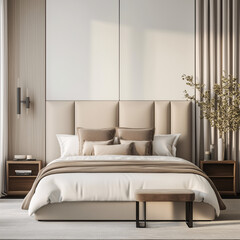 A spacious minimalist bedroom with a large upholstered headboard in a rich fabric, simple bedside tables, and soft, neutral bedding with subtle textures