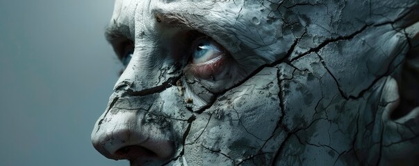 The image shows a face with deep cracks, resembling dried, cracked earth.