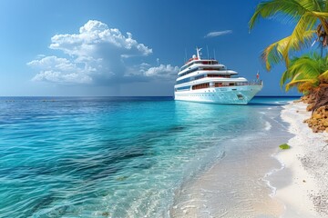 Fototapeta premium A luxurious cruise ship anchored near a pristine tropical beach with crystal-clear waters, surrounded by palm trees and a bright blue sky.