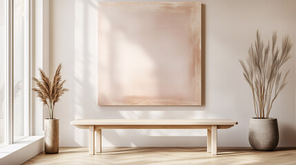 Bright and airy entryway with a simple bench in light wood, a large abstract canvas on the wall, and minimal decor for a sleek, welcoming look