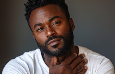 Close-up portrait of a thoughtful African American man looking directly at the camera in a serene setting