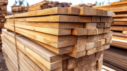 Stack of Freshly Cut Lumber Planks at Wood Factory