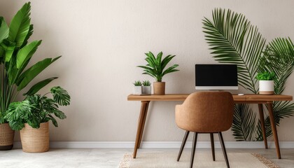 Fototapeta premium Open office filled with ergonomic wooden desks, soft brown chairs, lush plants, and bright natural light, 3D rendering 