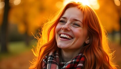 Fototapeta premium A Caucasian woman with loose wavy red hair laughing joyfully with autumn leaves in the background
