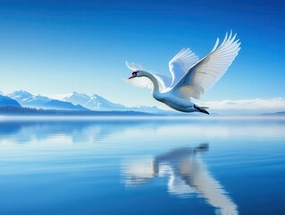 Graceful swan spreading its wings in midflight over a crystalclear lake, against a blue sky The image captures the bird s beauty and freedom, with wideopen space above for copy