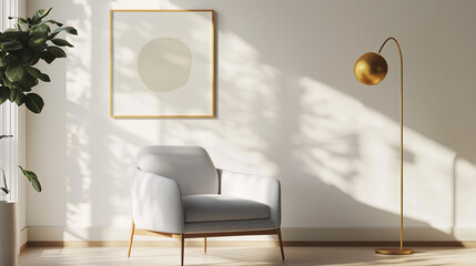 Bright, minimalist corner with a gray upholstered armchair, a sleek gold floor lamp, and a single art piece on the wall, emphasizing simplicity