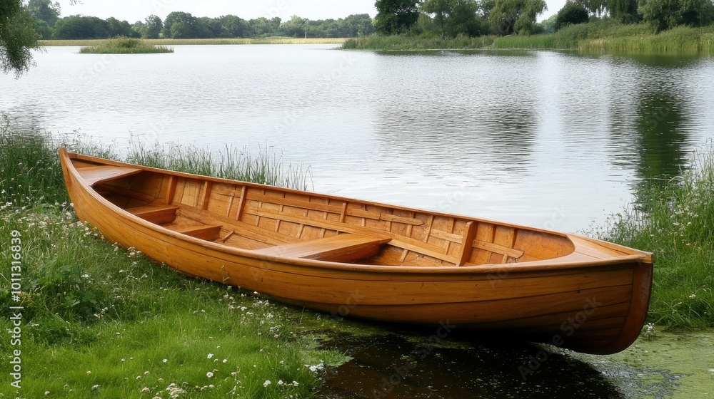 Sticker Serene Wooden Boat on Calm Lake Shore