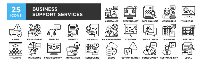 Business Support Services icon collection set. Containing design support, service, business, call, center, customer, tech, technology