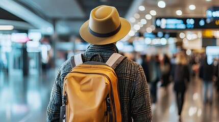 Traveler with Backpack in Busy Airport Setting