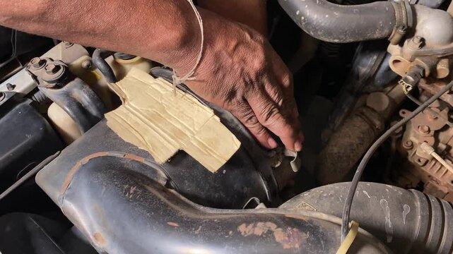 The mechanic is removing the car's air filter to clean it.Car service work at the garage