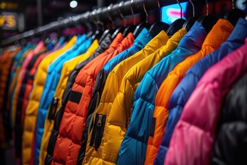 Obraz premium A vibrant row of brightly colored puffer jackets in shades of blue, yellow, red, and pink, neatly displayed on hangers in a modern clothing store.