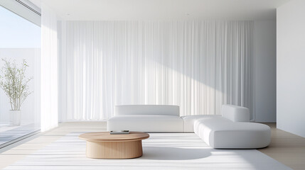 Fototapeta premium Bright minimalist living room featuring sheer floor-to-ceiling curtains, white furniture, and a minimalist coffee table with natural light pouring in