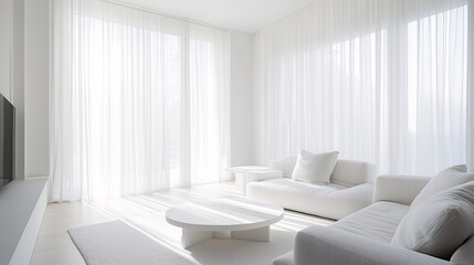 Fototapeta premium Bright minimalist living room featuring sheer floor-to-ceiling curtains, white furniture, and a minimalist coffee table with natural light pouring in